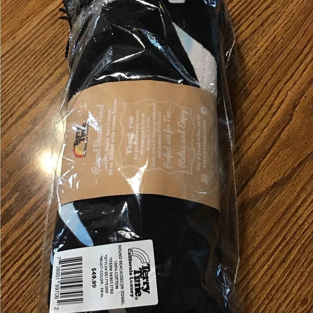 NWT Black and Blue Terry Towel 59 inch round beach towel